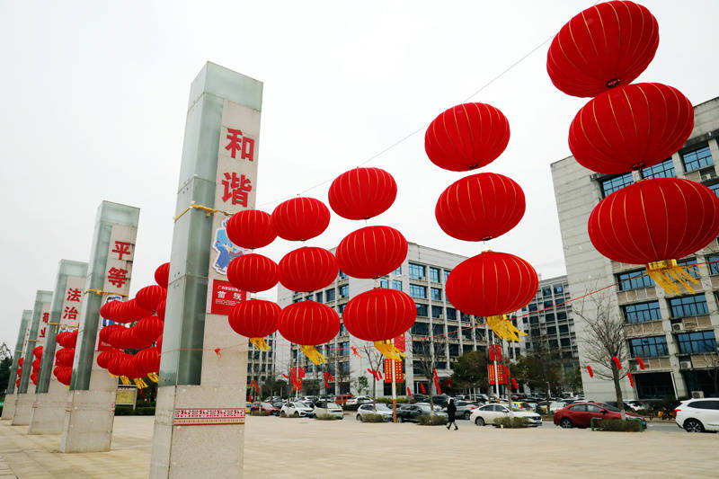 广西贺州市平桂区:挂灯笼 迎新年_文化广场_主题_花坛