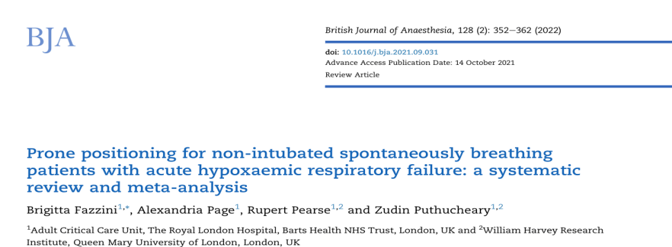 【罂粟摘要】急性低氧性呼吸衰竭时非插管自主呼吸患者的俯卧位应用：系统评价和Meta分析