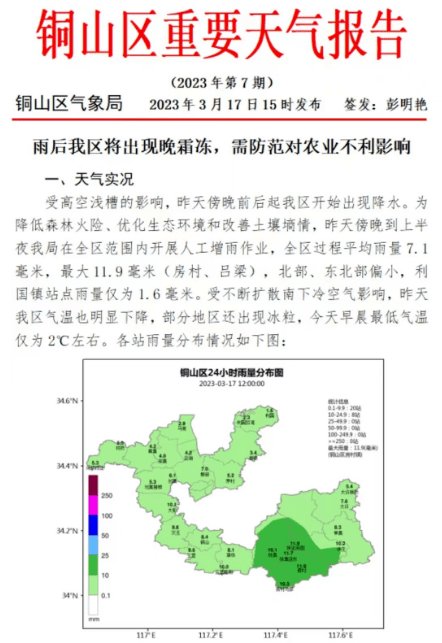 天气报告》铜山区气象局也发布了《3月18日晚霜冻风险预警》徐州市