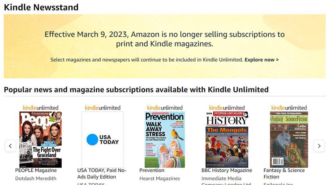 亚马逊宣布将于9月4日停止Kindle Newsstand服务 现有用户将不会自动续订 
