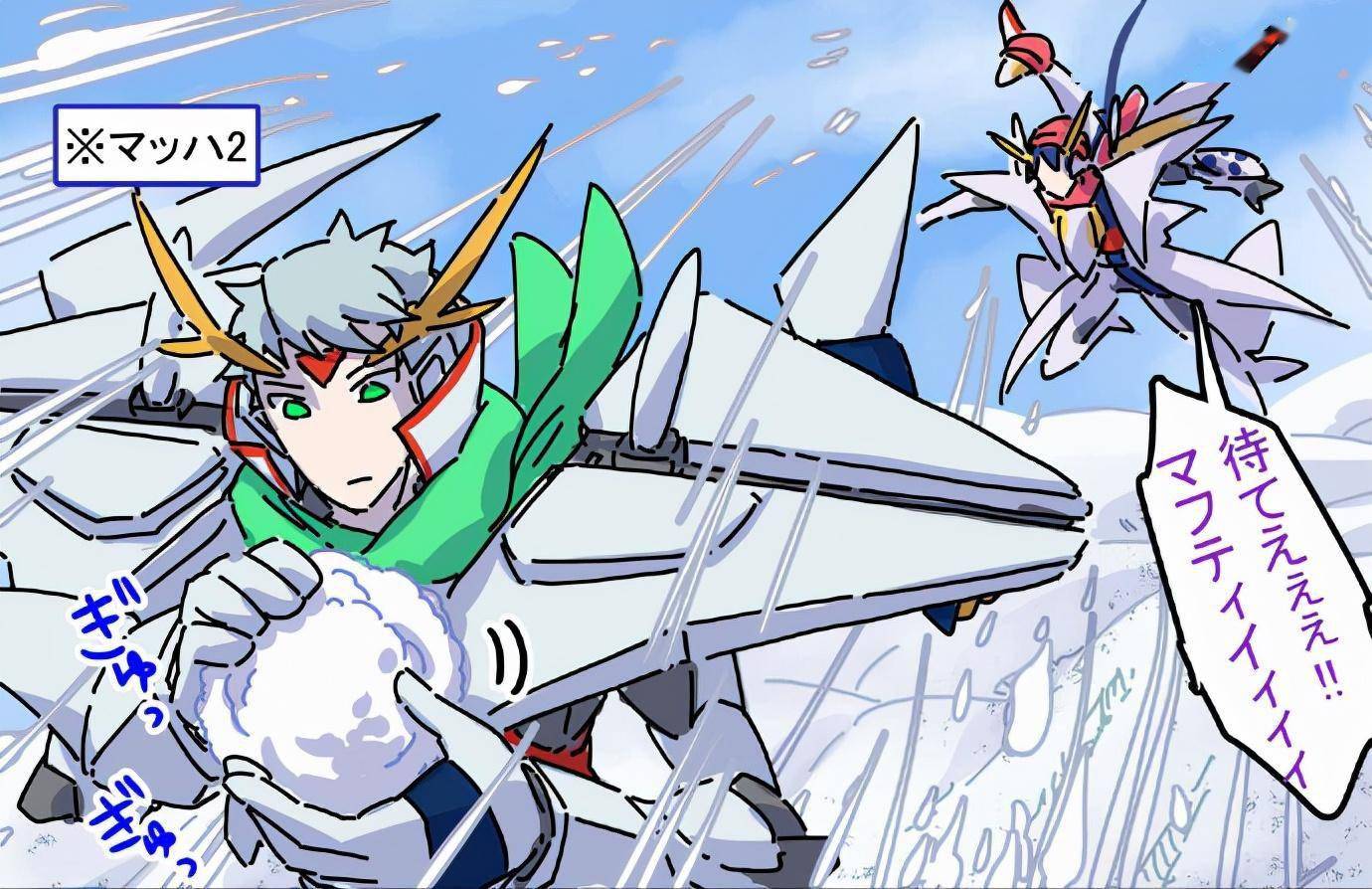 高达趣味拟人化插画,柯西高达与自由高达打雪仗_白鹅_雪球_大白