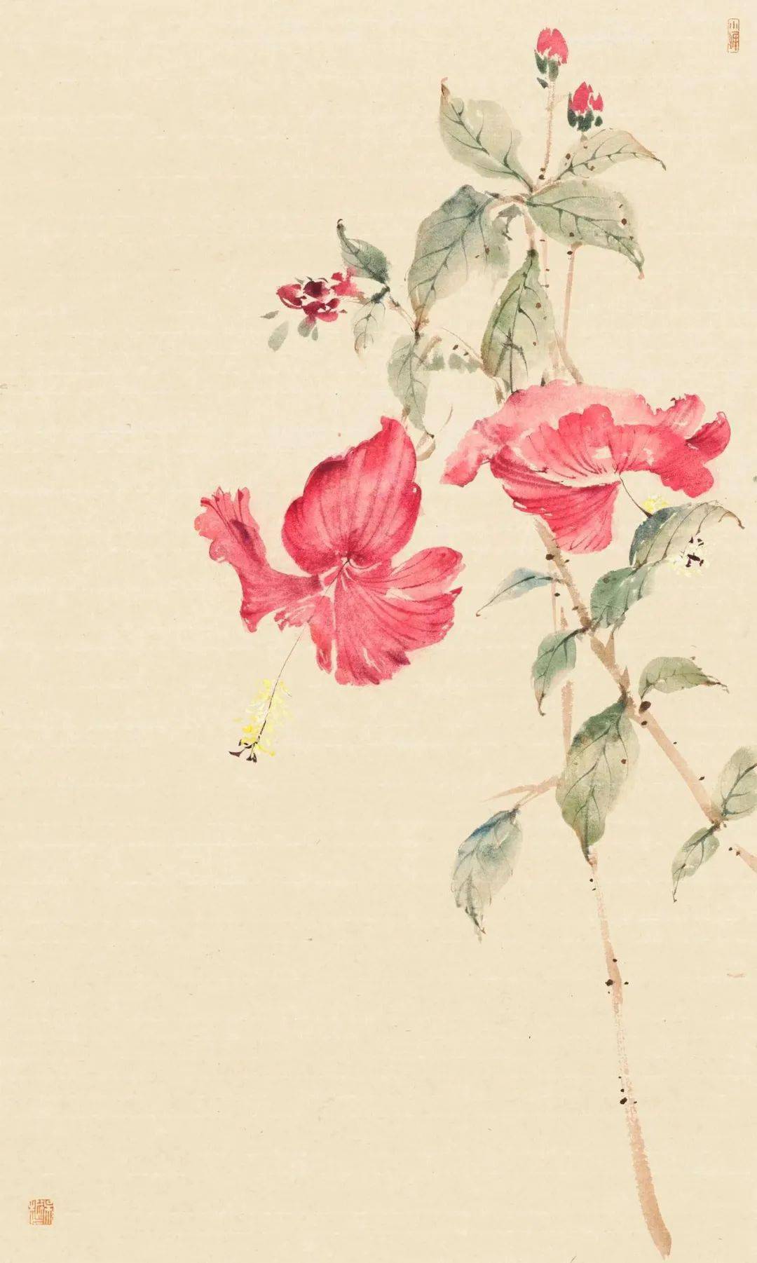 《扶桑花》 50x30cm 纸本设色 2023年《矗立》 58x49cm 纸本设色 2023