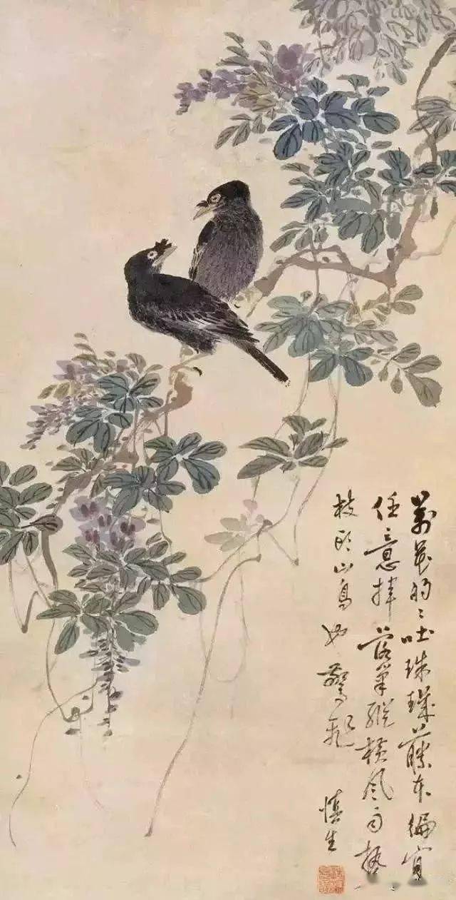 真作】汪慎生（おうしんせい）「花鳥」中国水墨画巨匠・紙に水彩