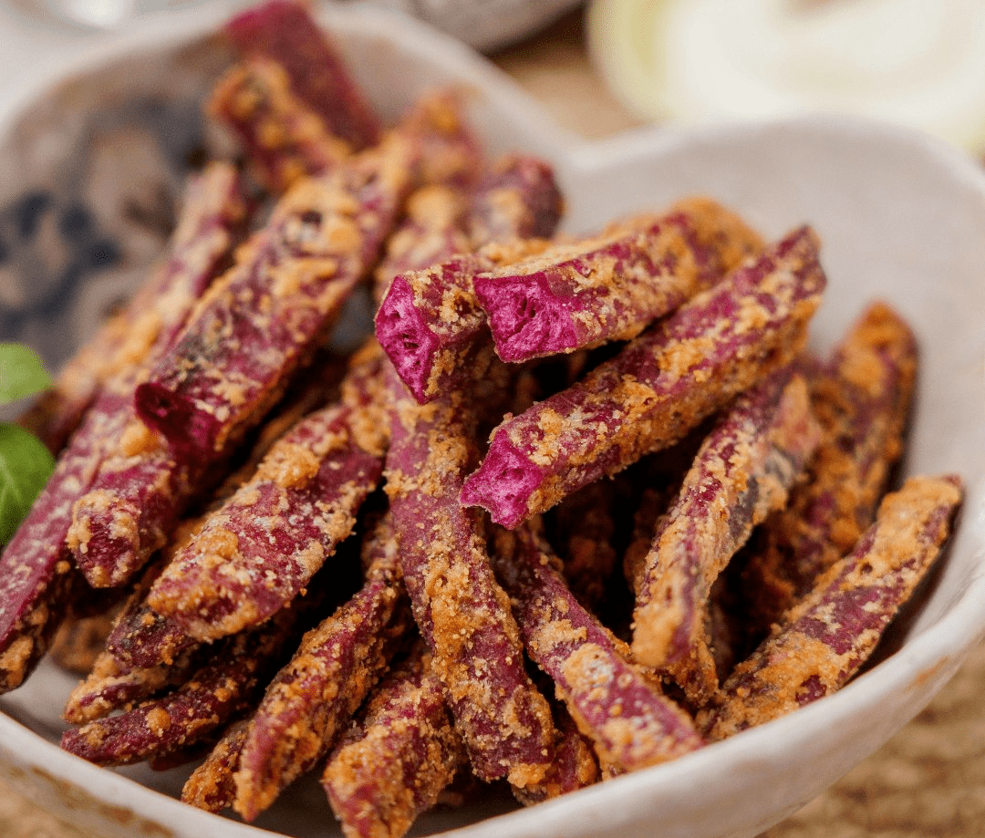 产地食材 ▎美味紫薯条,口感酥脆,蟹黄芝士两种口味,好吃到嗦手指