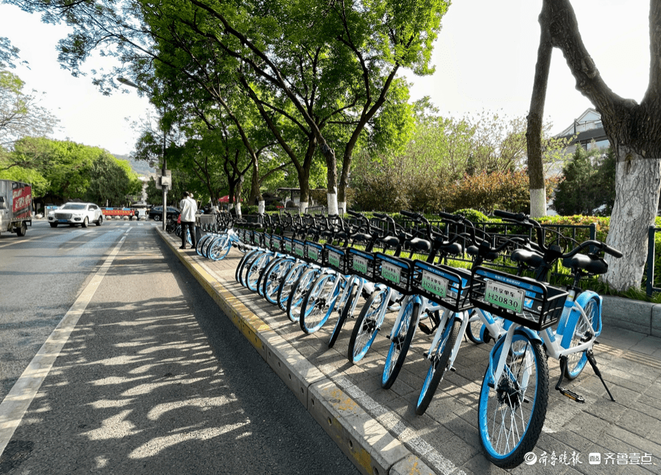 千佛山景区北门外,一排排整齐摆放的共享单车_济南_平松