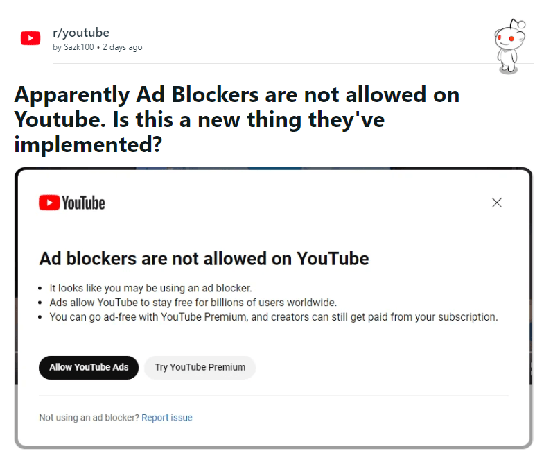 “广告拦截器”正威胁YouTube广告收入 谷歌正测试屏蔽该功能
