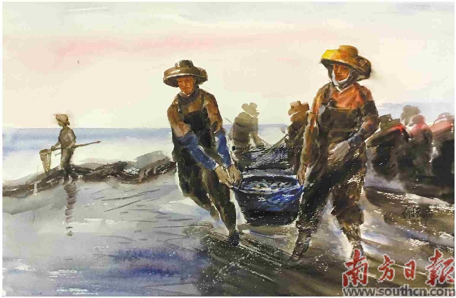 鸡乸01村的雕塑还原了捕鱼场景.