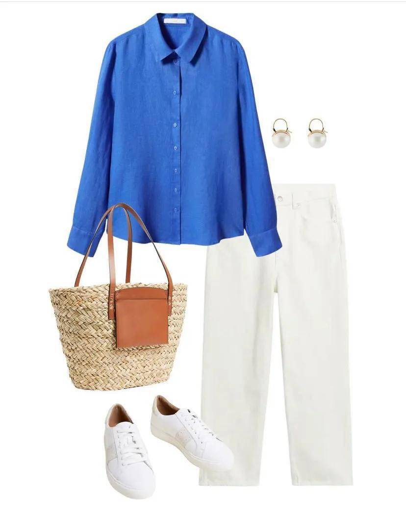 很清爽自然的海蓝色衬衣,与白色裤子是完美搭配.