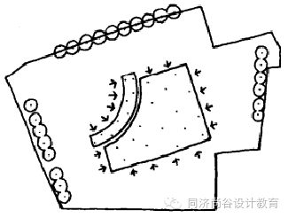 交通組織建築物佈局大面積草坪,小徑,樹木以及平臺使花園成為周邊建築