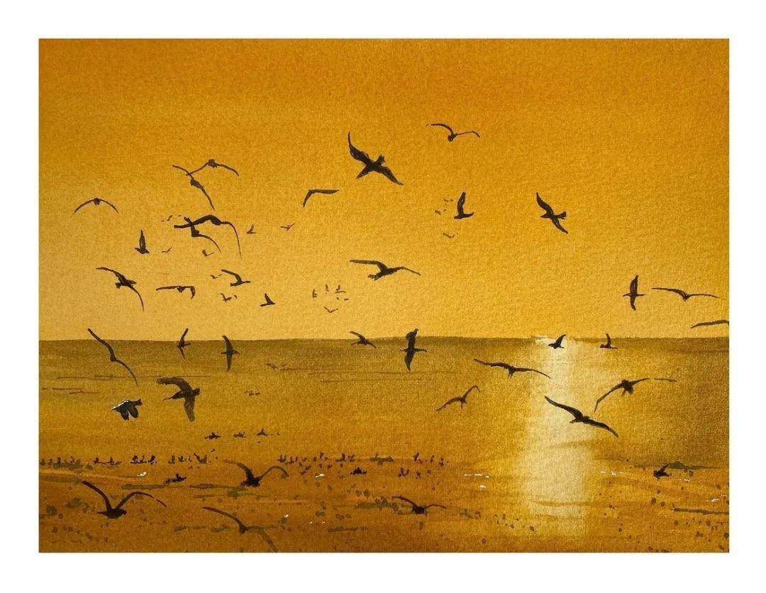 写实水彩 一望无垠的海面 艺术家jan min