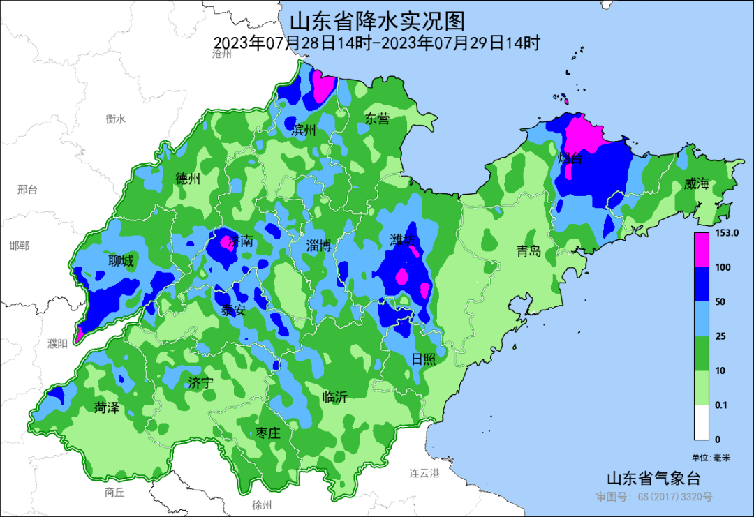 从过程降雨情况来看,7月28日14时至7月29日14时,全省16市普遍出现降水