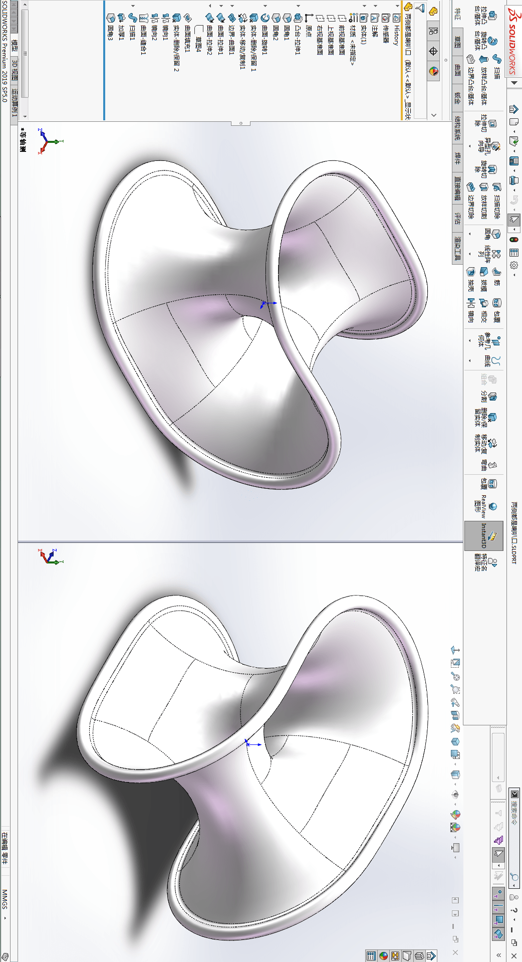 用solidworks曲面画的:上下左右都是喇叭口_实体_曲线_方向
