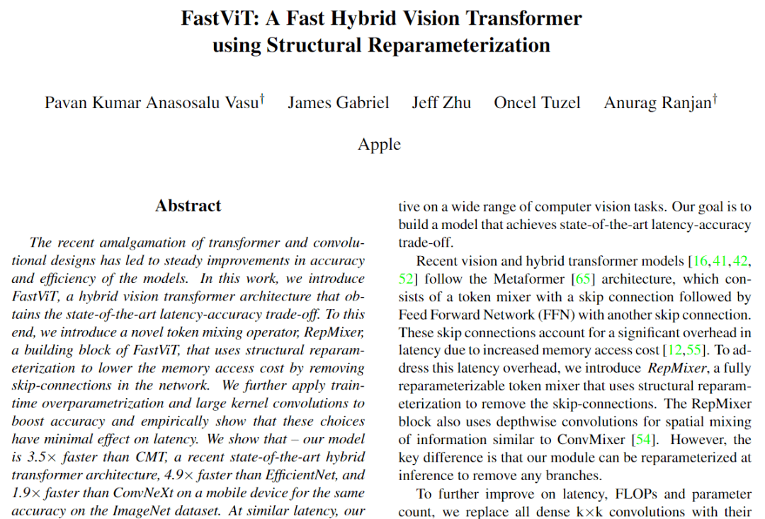 苹果开源FastViT：快速卷积Transformer的混合视觉架构