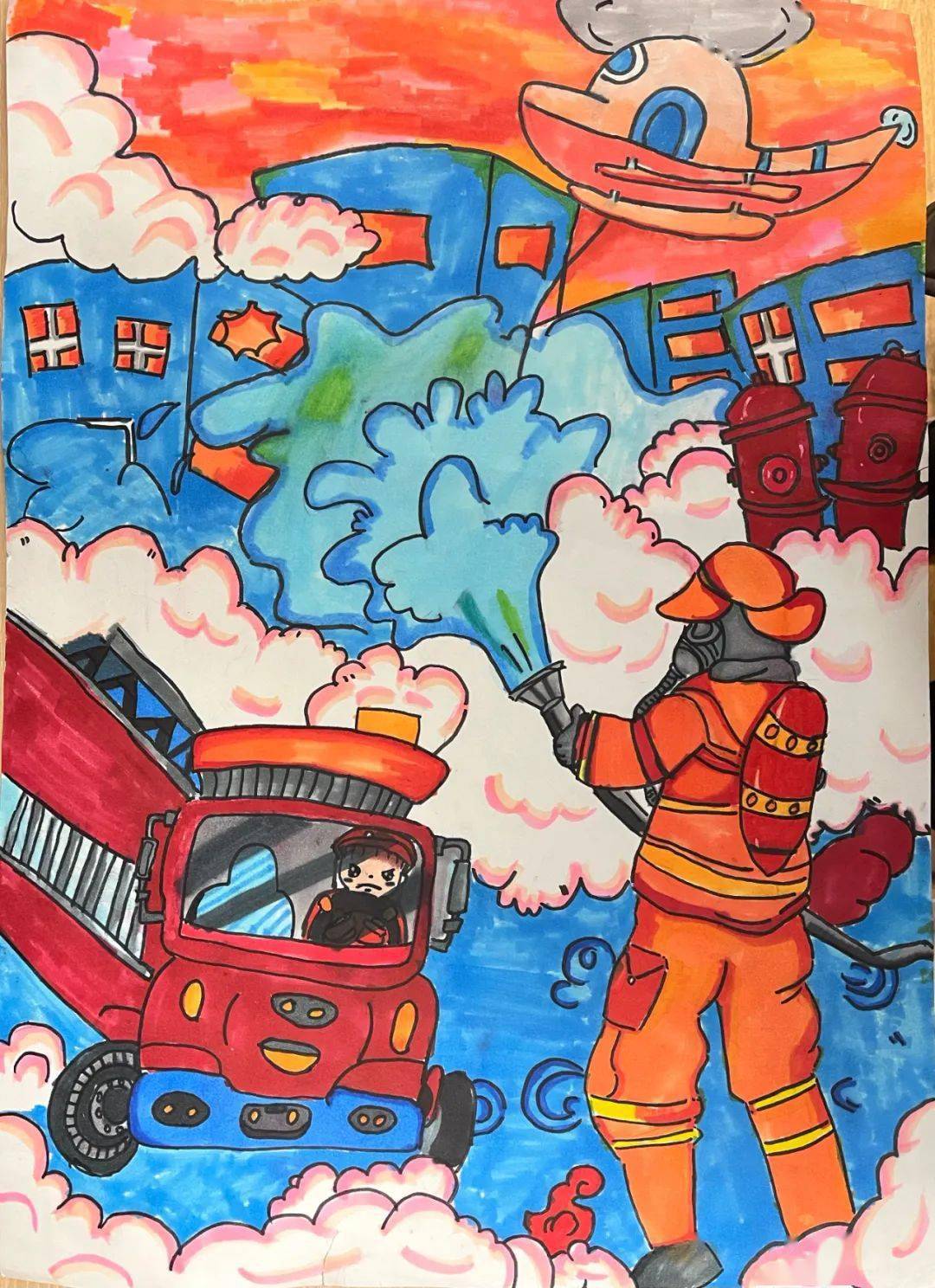 消防画一等奖 五年级图片