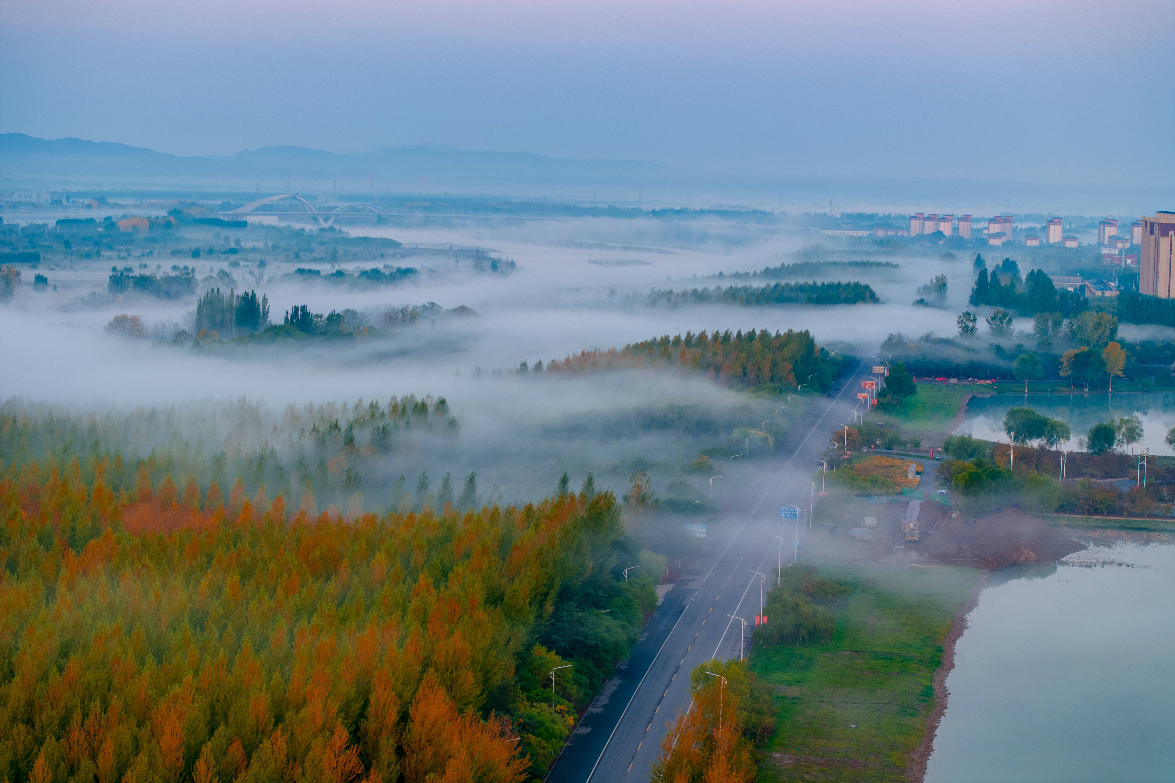 高清大图:平流雾下的中卫流淌着秋日的美景_宁夏_坡头区_城市