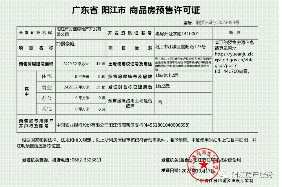 缔景豪庭新领1个商品房预售证，预售套数19套_阳江市_发证_来源
