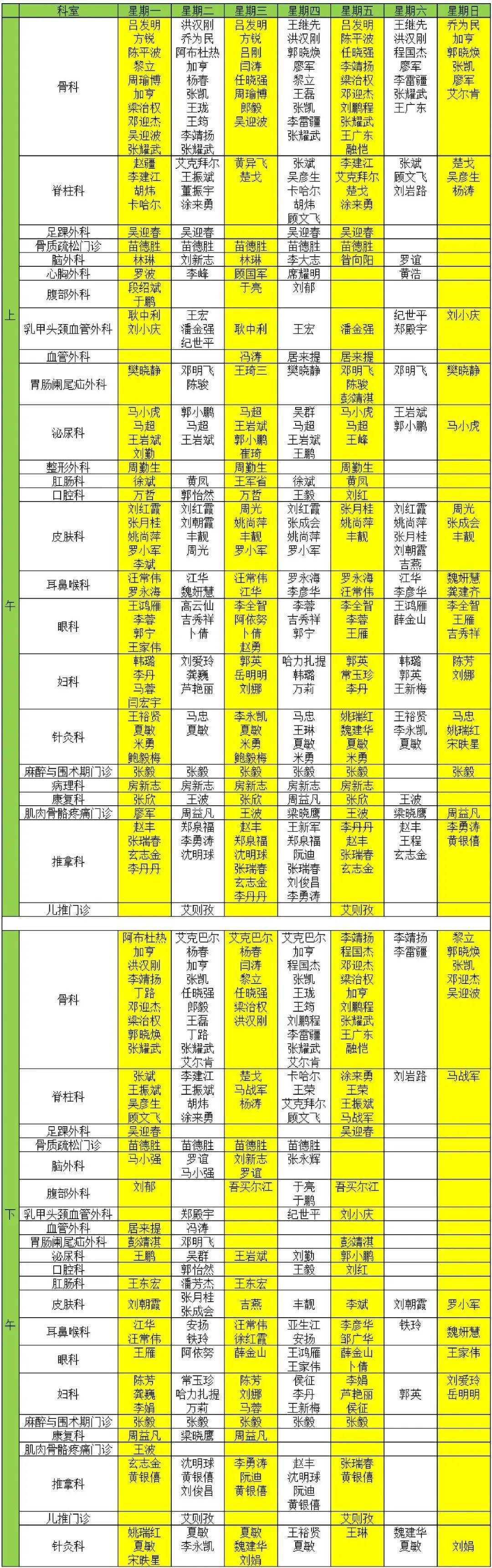 自治区中医医院医师出诊表