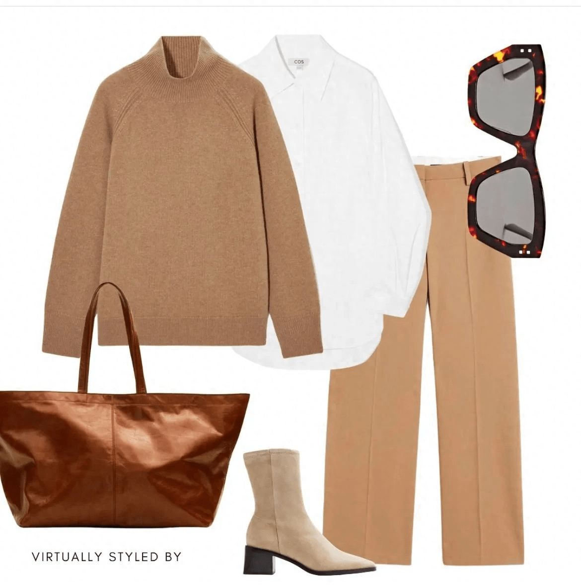 奶茶咖刚好,可以用毛衣西裤穿一身,再以白衬衫过度,只有大包是深褐色