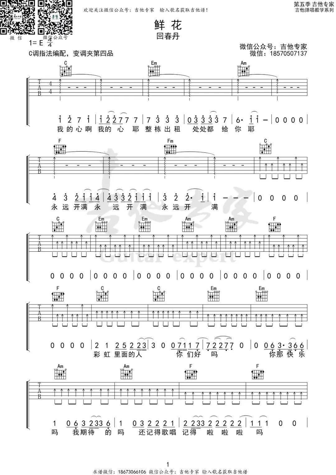 鲜花c调吉他谱 |回春丹 带演奏示范_车子_治愈_白发