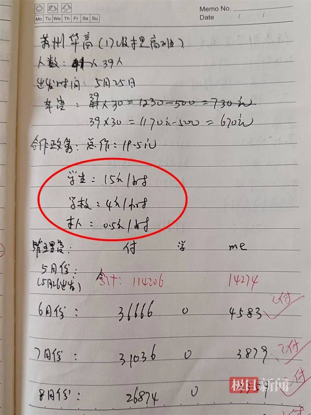 ▲账本中记录一次39名学生的入场收益计费及分配情况（受访者供图） ▲记者获取的一份银行流水（受访者供