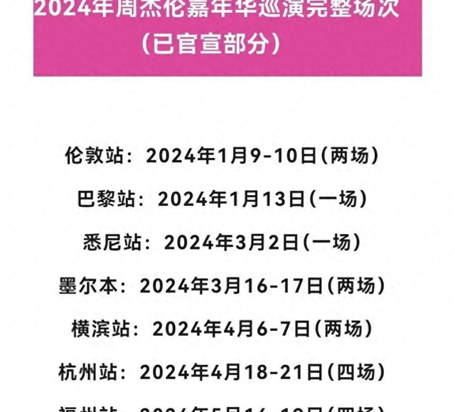 周杰伦2024嘉年华演唱会行程单