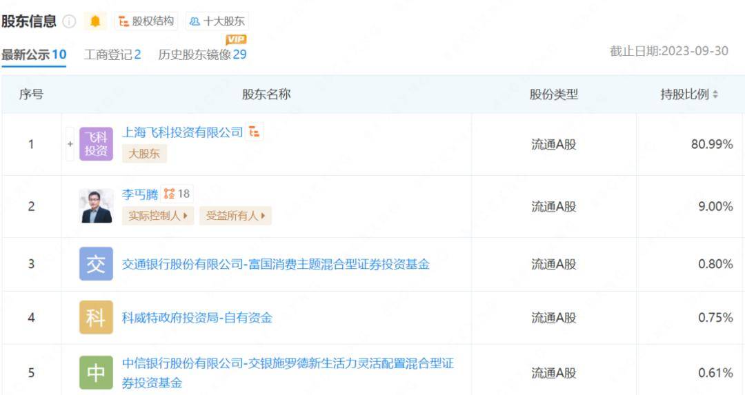 根據企查查數據顯示,飛科集團的十大股東中,上海飛科投資有限公司持股
