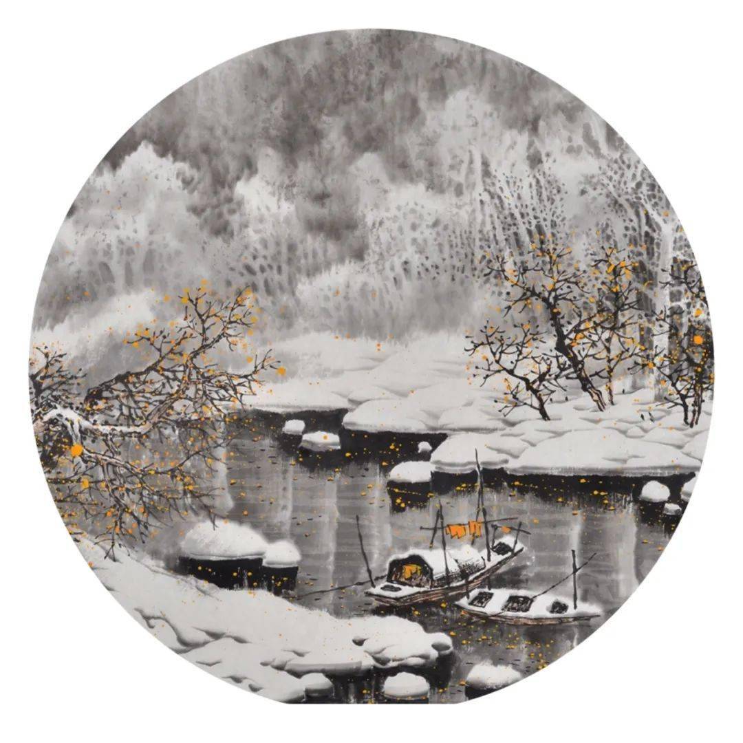 圆形雪景山水画小品图片