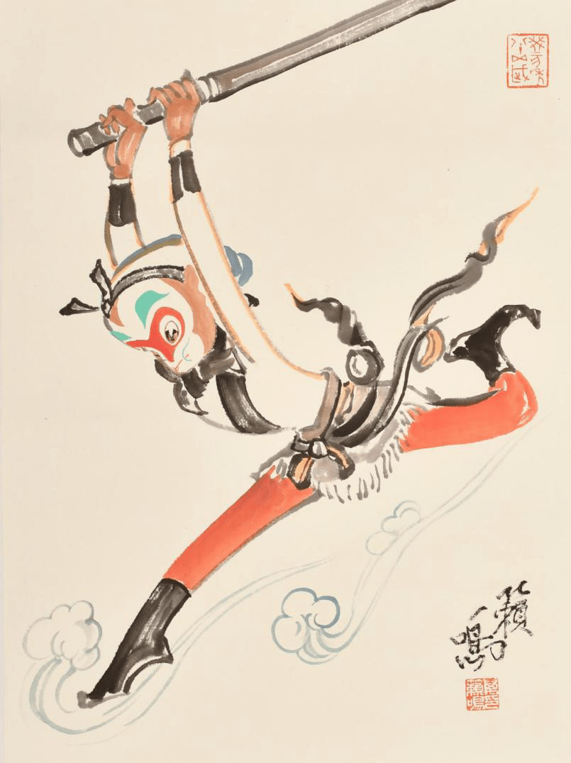 本件作品为《大闹天宫》中孙悟空的形象,万籁鸣笔下的孙悟空在国画的