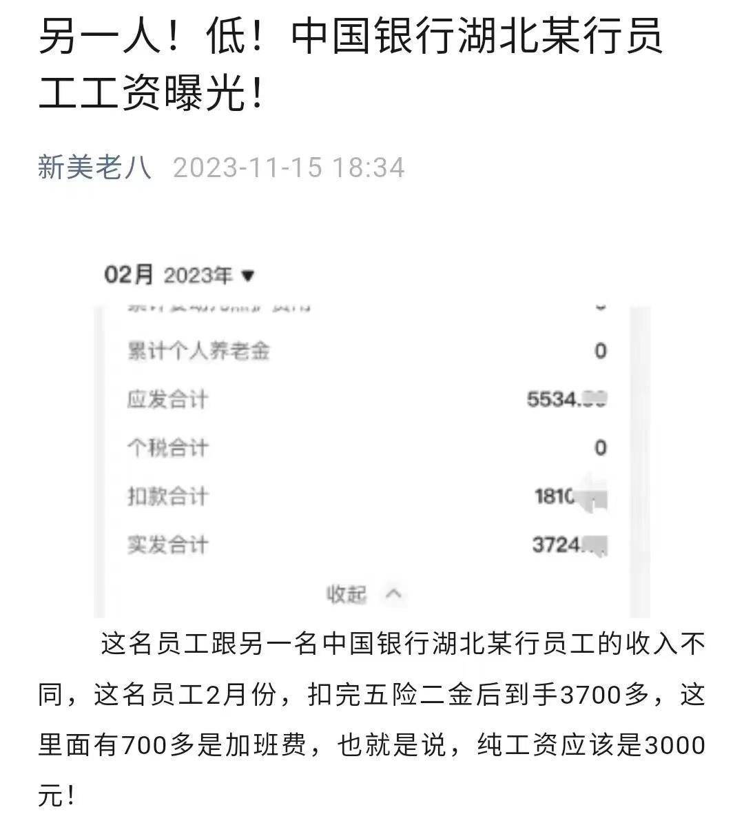 再看另一位网友曝光的另一家国有大银行湖北某行员工工资!