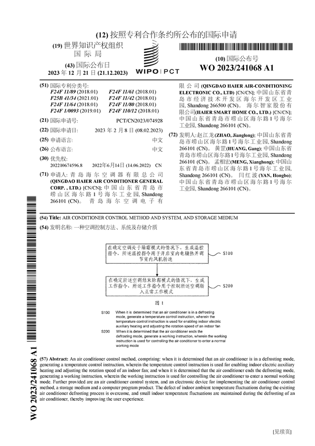 海尔智家公布国际专利申请：“一种空调控制方法、系统及存储介质” 数据 整理 来源